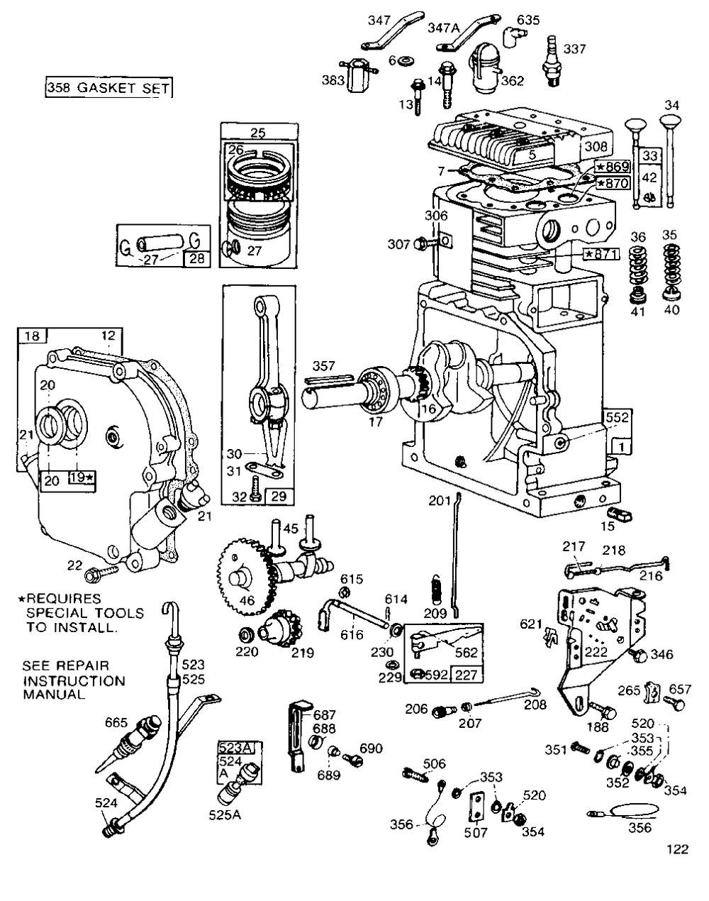 Cyl,crankcase,piston,controls Diagram and Parts List for 170436-1307-XX  Briggs and Stratton Engine